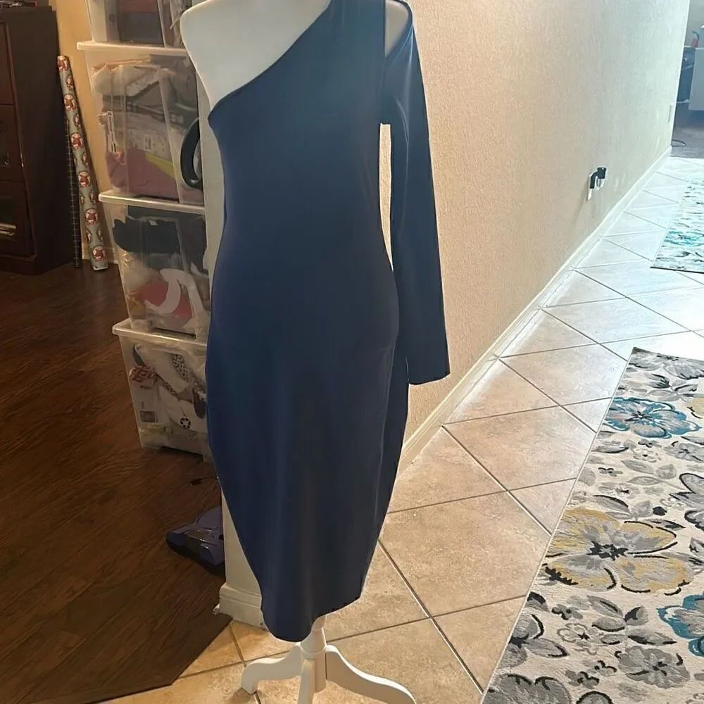 Susana Monaco Women's M One Arm Slit Shoulder Midi Dress Night Sky Blue Glam New